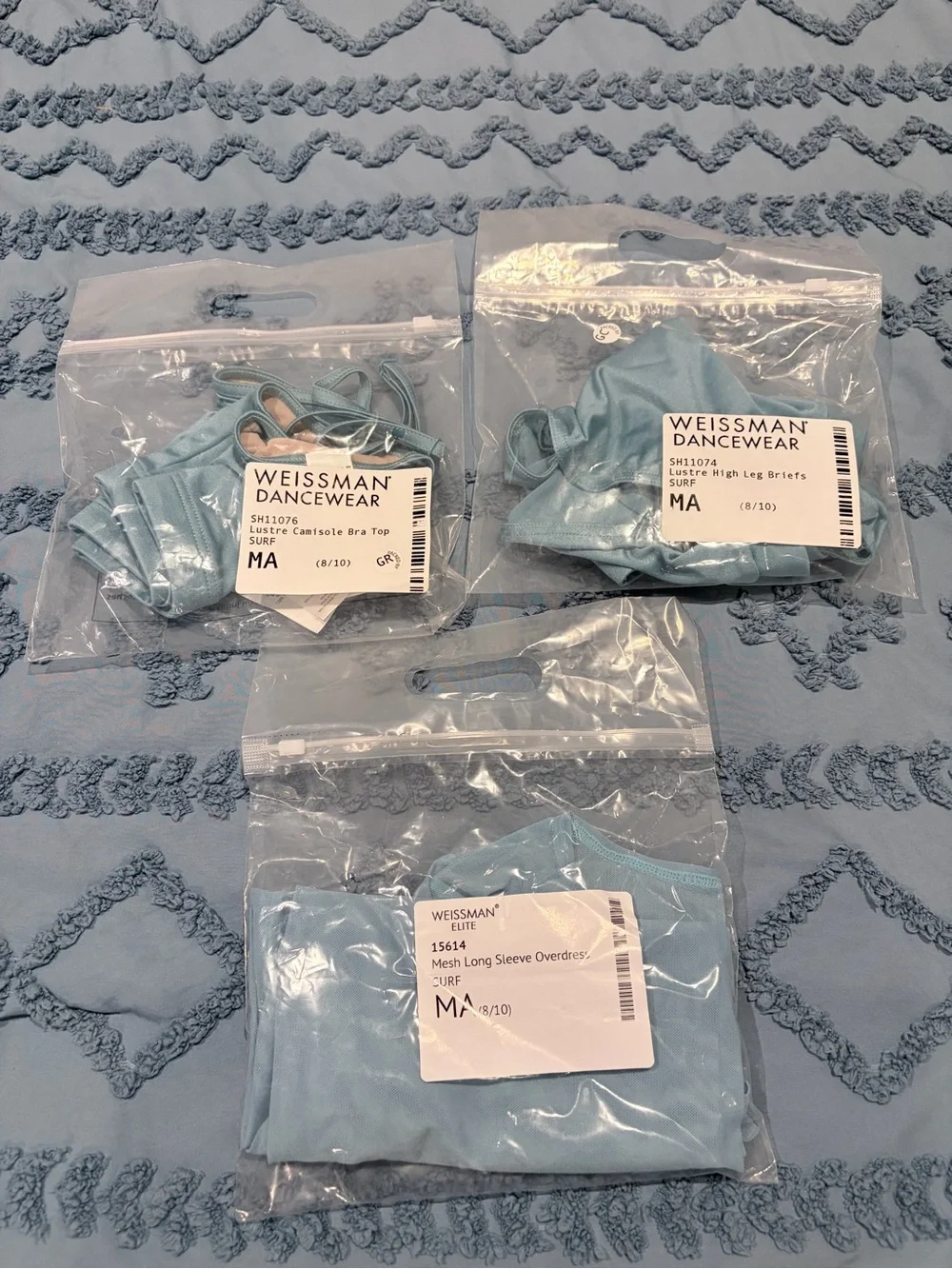 Weissman Surf Blue 3-Piece Dance Set Adult Medium Mesh Overdress Bra & Briefs